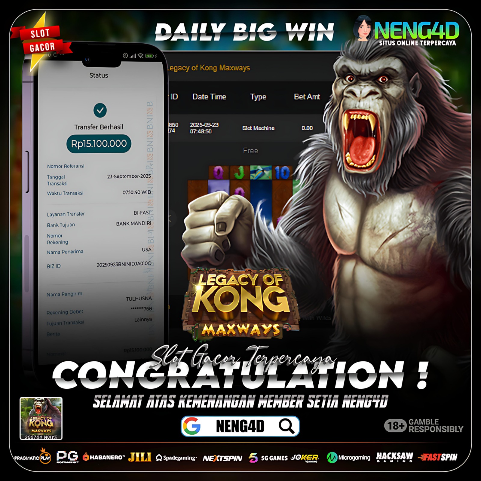 KEMENANGAN MEMBER DI LEGACY OF KONG MAXWAYS