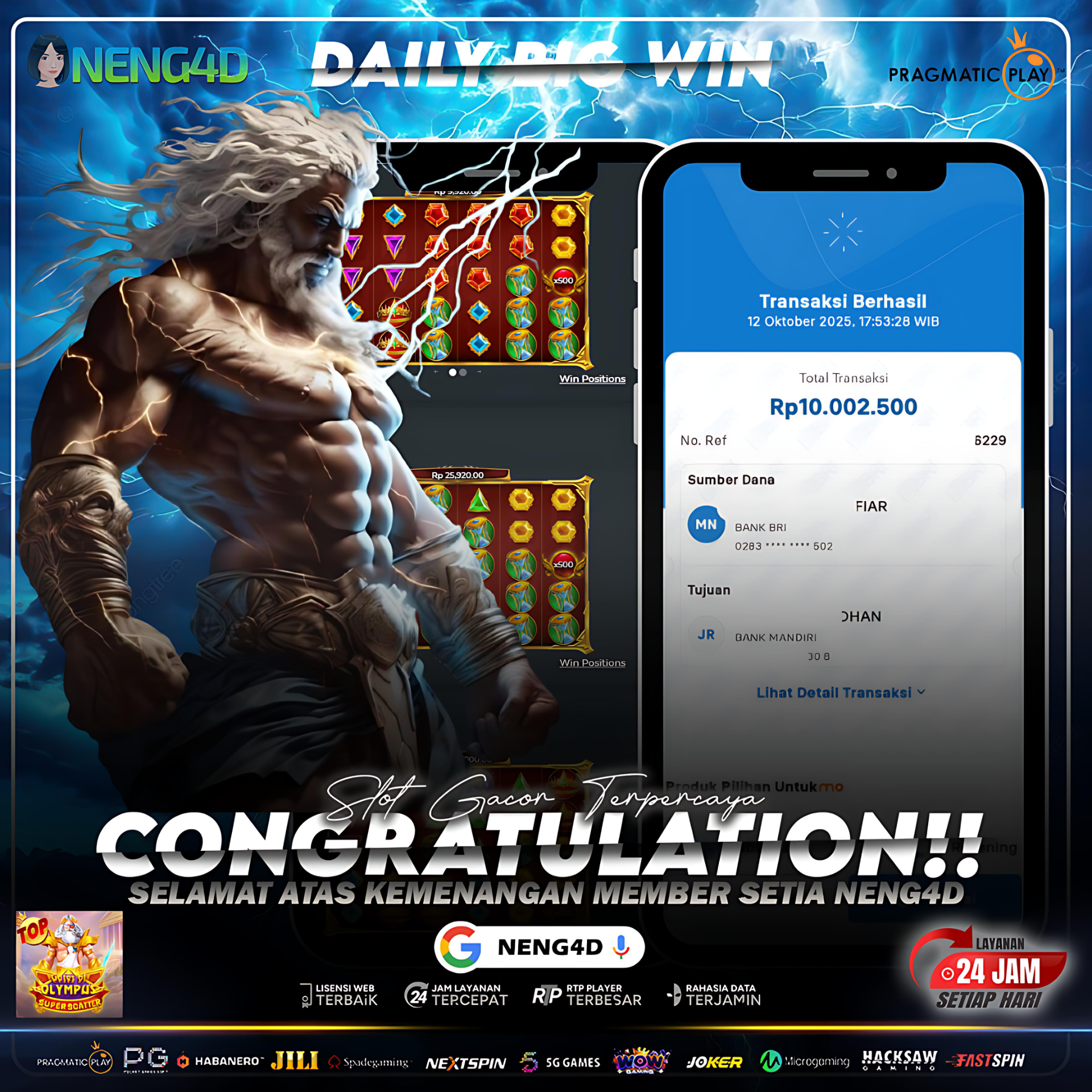 PETIR KEMENANGAN MENYAMBAR! MEMBER NENG4D RAIH 10 JUTA DI GATES OF OLYMPUS SUPER SCATTER!