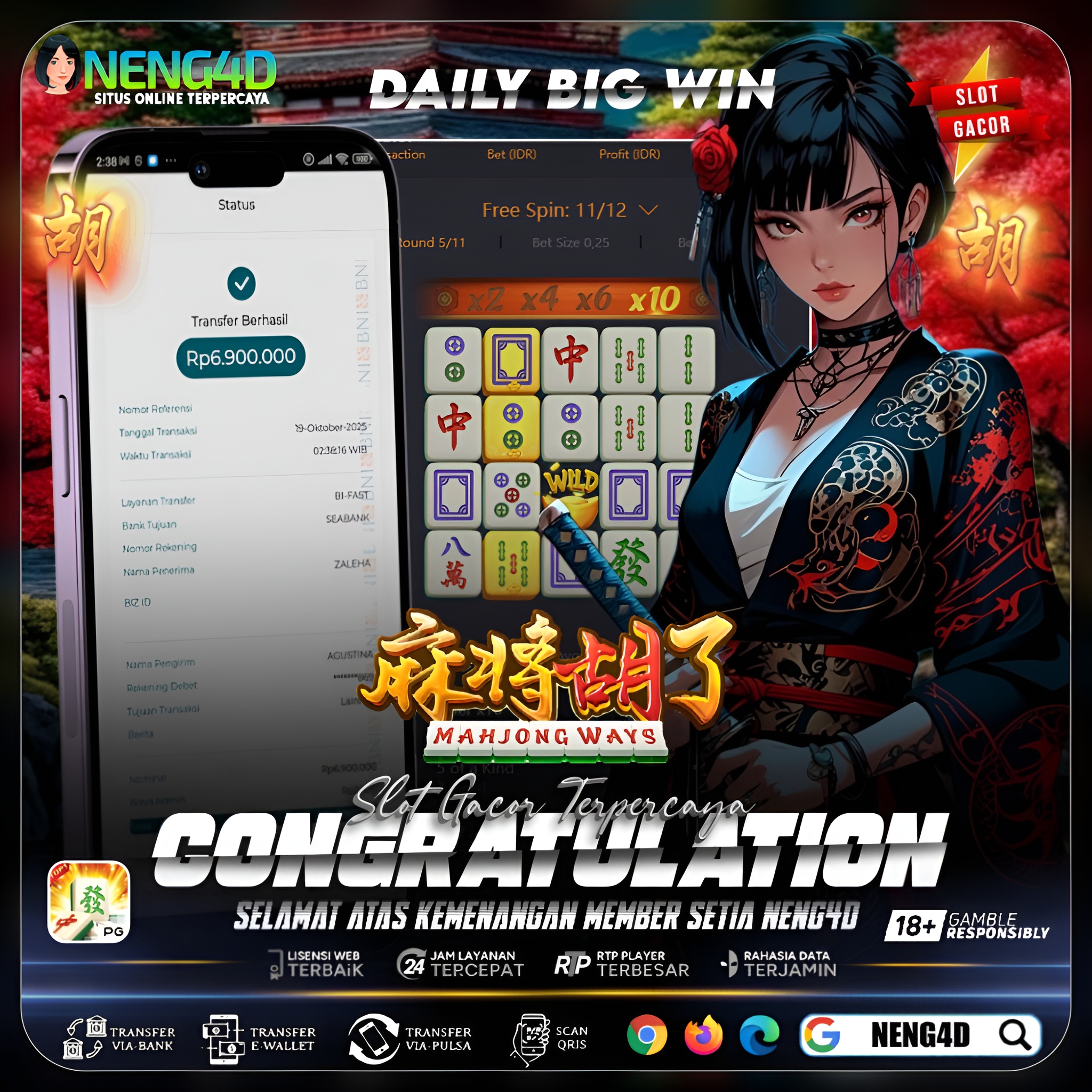 Member Setia NENG4D Raih Kemenangan 6,9 Juta di Permainan Mahjong Ways