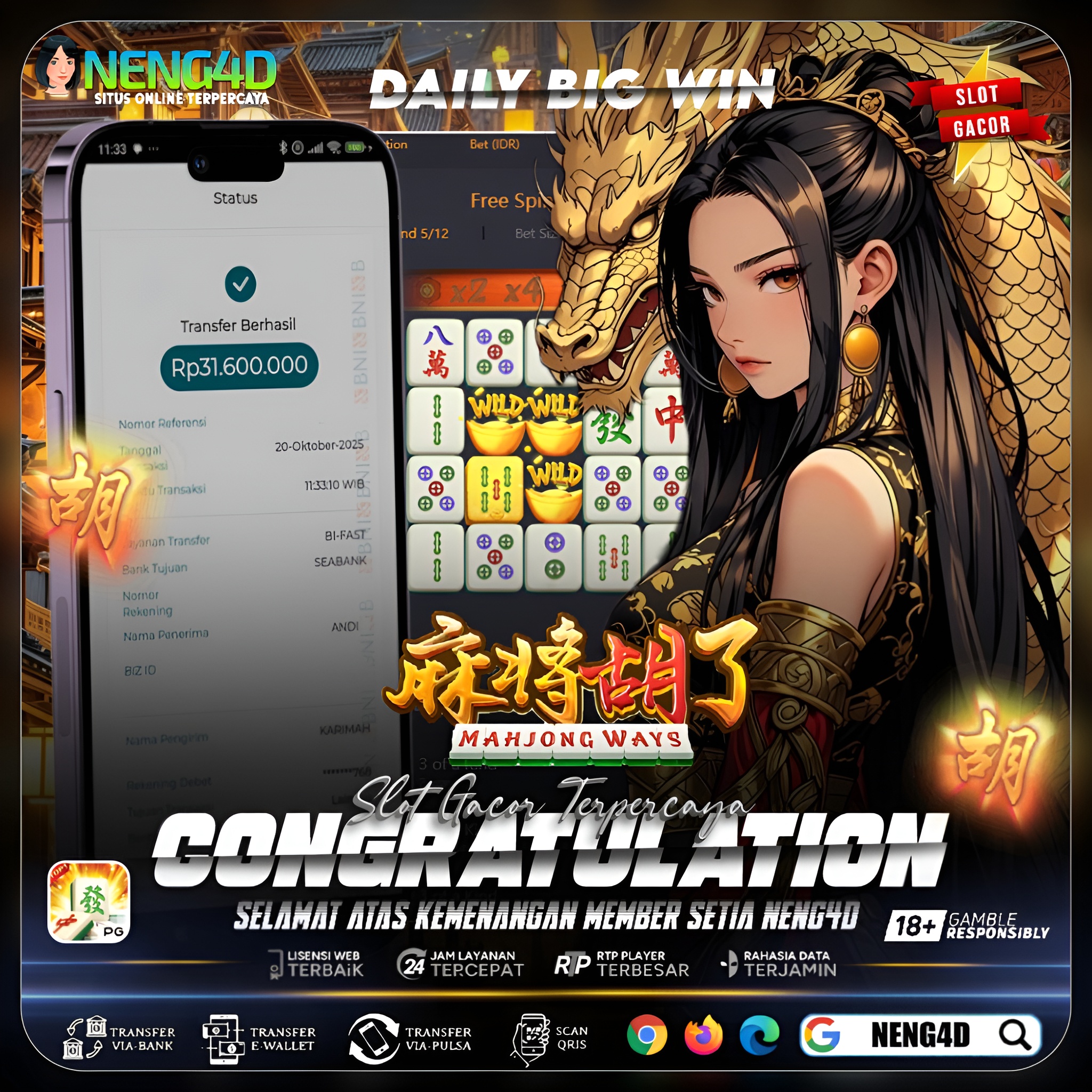 Kemenangan 31,6 Juta Member Setia NENG4D di Permainan Mahjong Ways