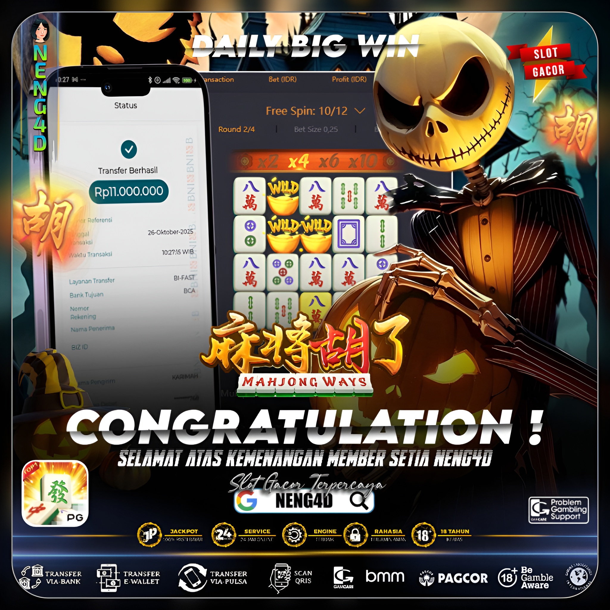 KEMENANGAN FANTASTIS MEMBER SETIA NENG4D RAIH 11 JUTA DI MAHJONG WAYS PG SOFT