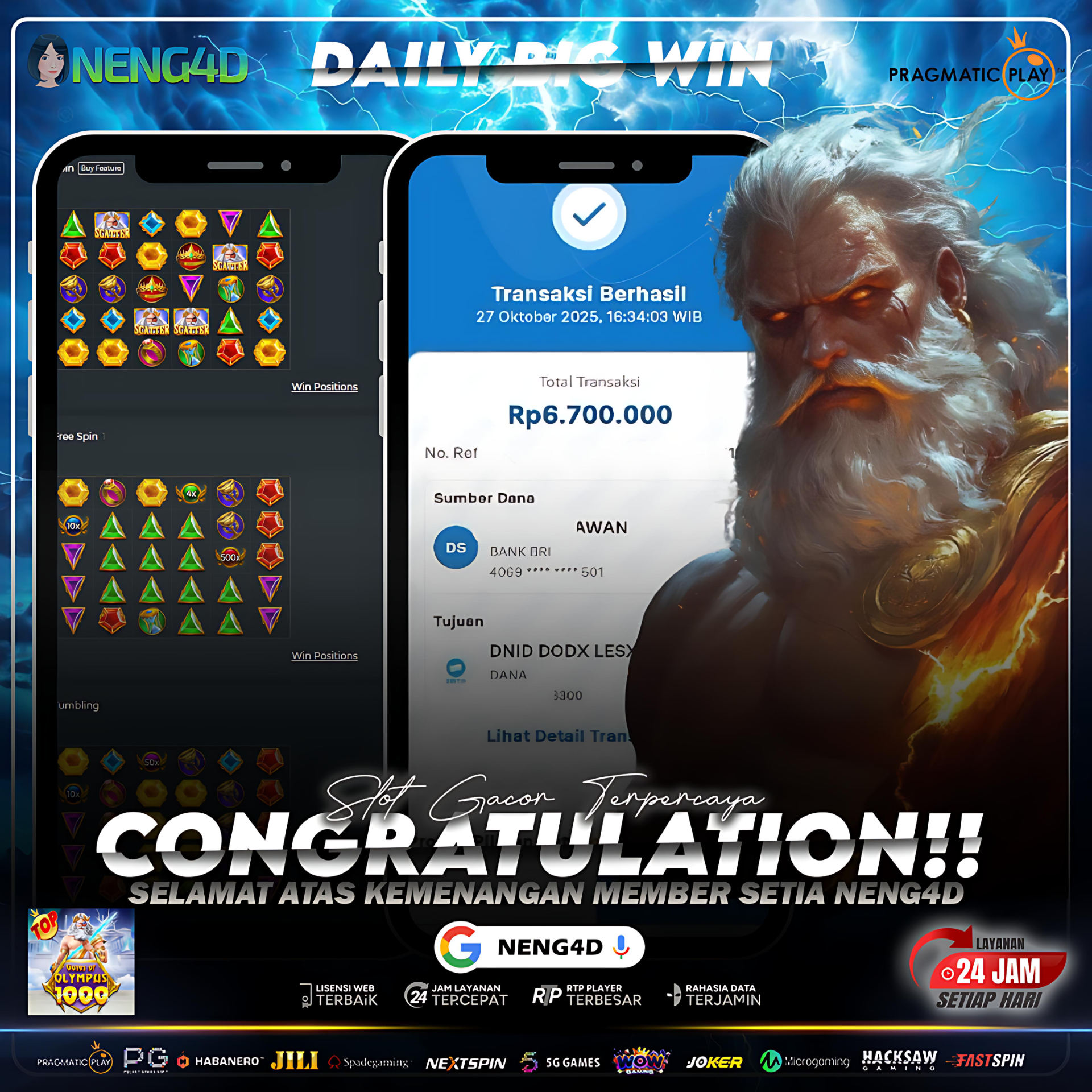 PETIR KEMENANGAN MENYAMBAR! MEMBER NENG4D RAIH 6,7 JUTA DI GATES OF OLYMPUS 1000!