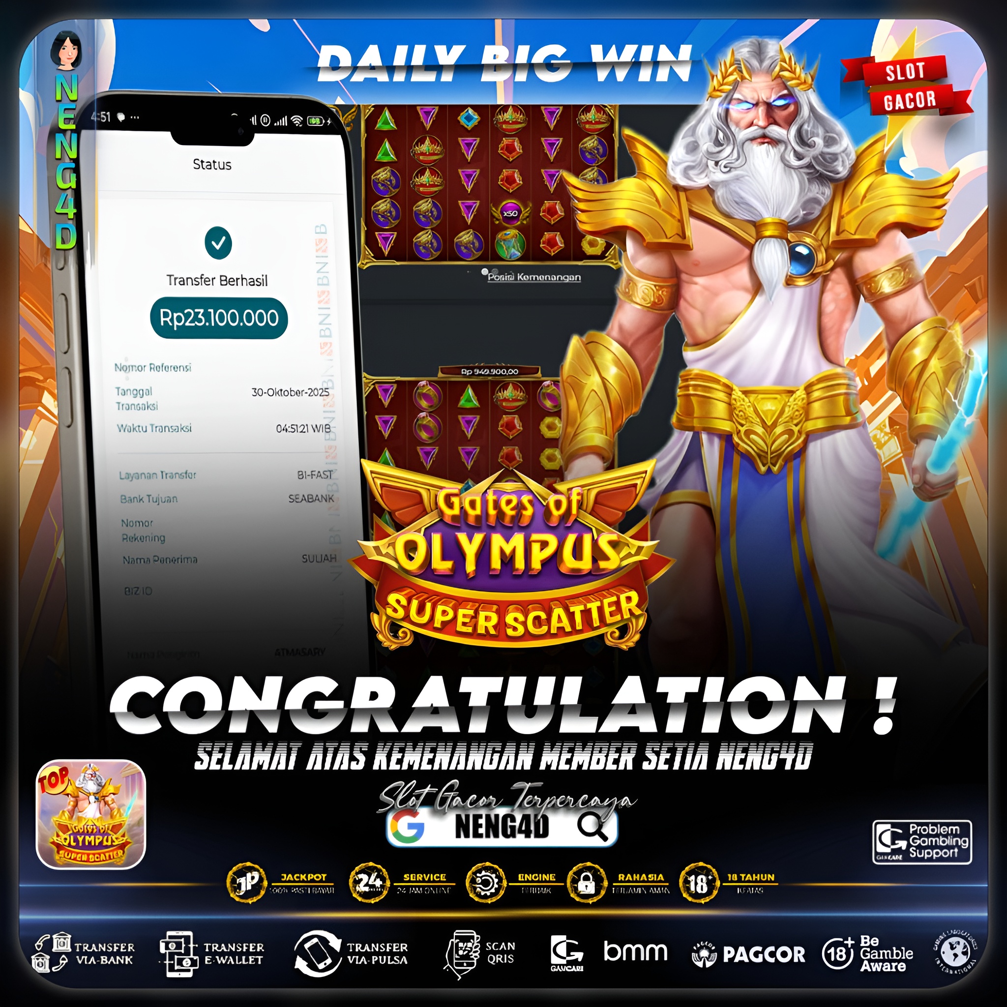 MEMBER SETIA NENG4D RAIH KEMENANGAN 23 JUTA DI GATES OF OLYMPUS SUPER SCATTER PRAGMATIC PLAY
