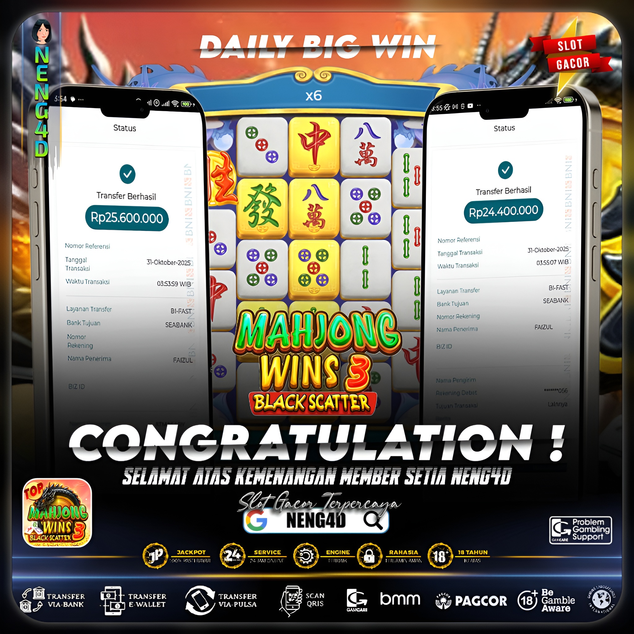 MEMBER SETIA NENG4D RAIH KEMENANGAN FANTASTIS 50 JUTA DI MAHJONG WINS 3 – BLACK SCATTER PRAGMATIC PLAY