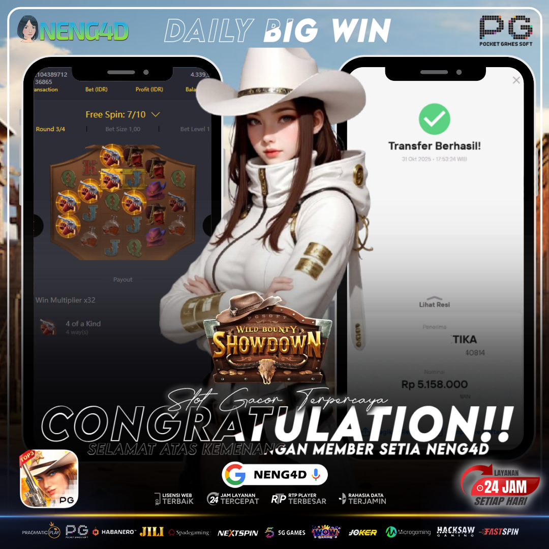 Kemenangan 5 Juta Member Setia NENG4D di Permainan Wild Bounty Showdown PG Soft