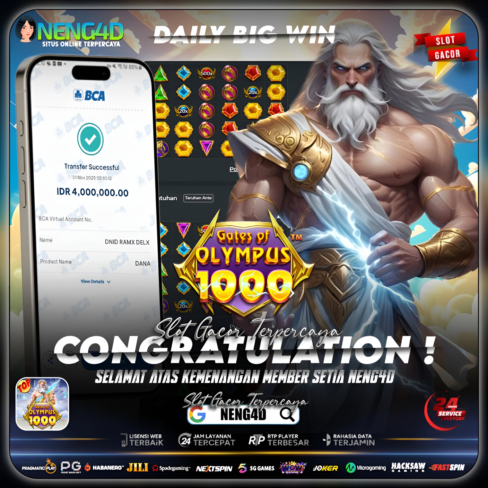 MEMBER NENG4D BERHASIL MENANG 4 JUTA DI GATES OF OLYMPUS 1000 PRAGMATIC PLAY