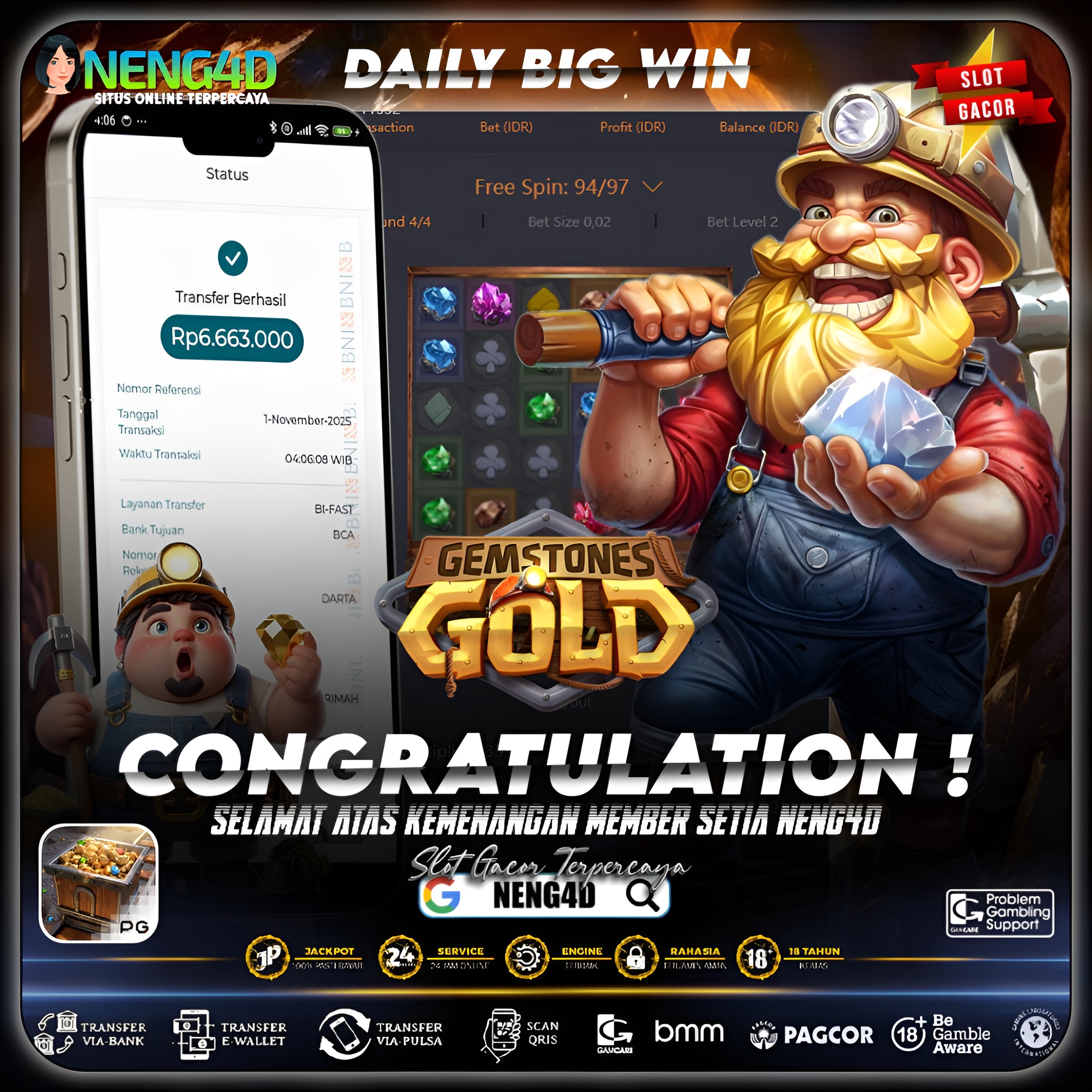 MEMBER SETIA NENG4D MENANG 6 JUTA DI GEMSTONES GOLD PG SOFT