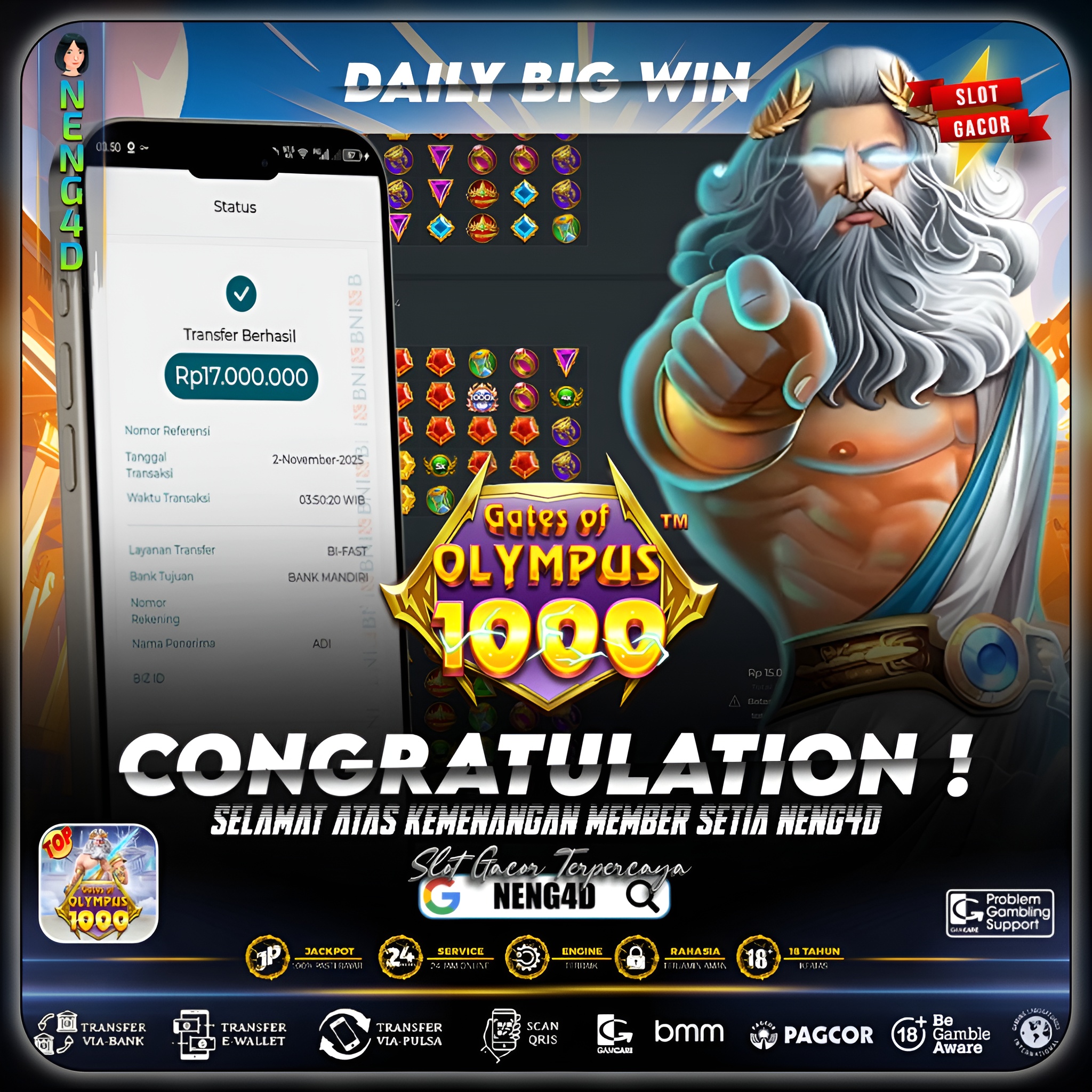 MEMBER SETIA NENG4D MENANG 17 JUTA DI GATES OF OLYMPUS 1000 PRAGMATIC PLAY