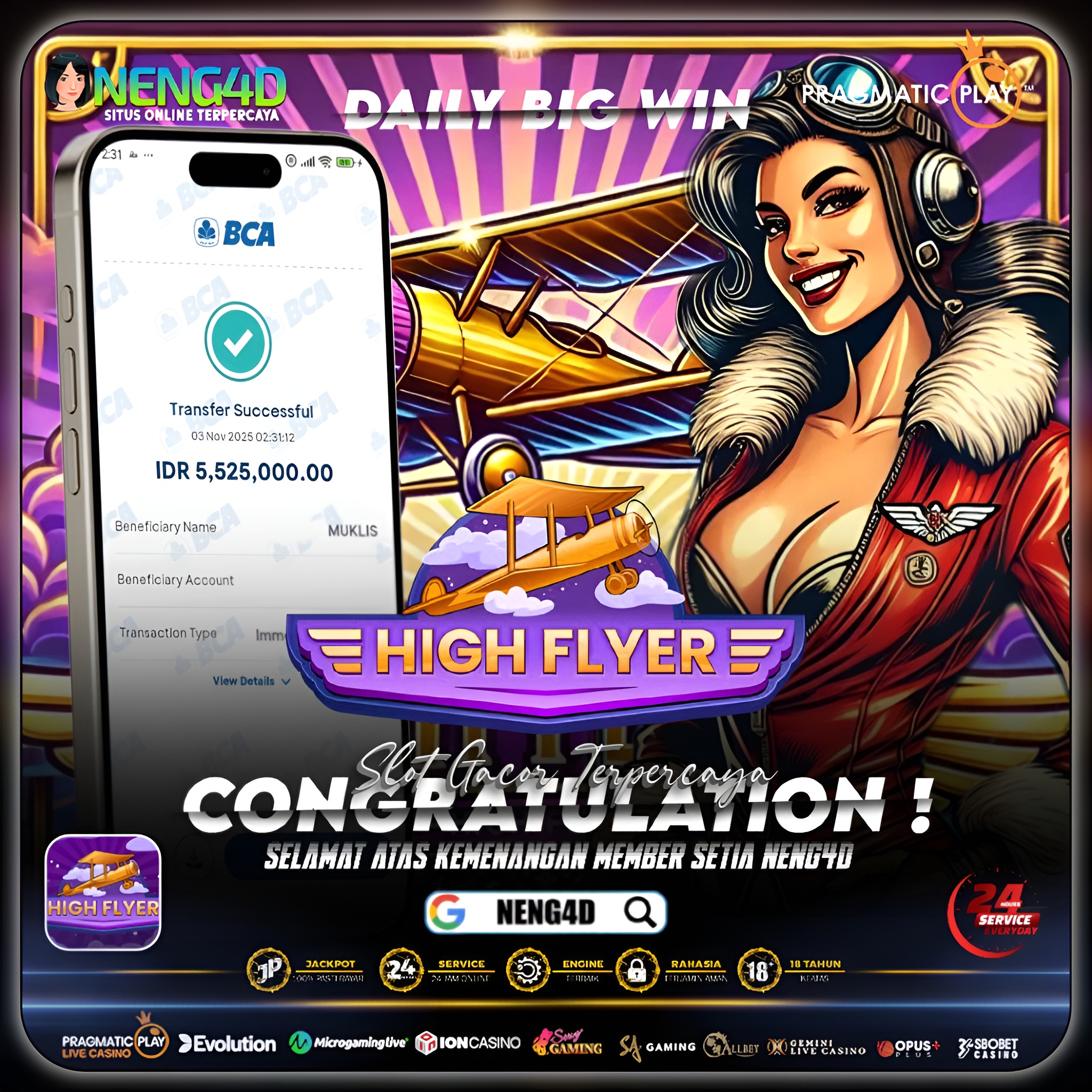MEMBER SETIA NENG4D MENANG 5 JUTA DI HIGH FLYER PRAGMATIC PLAY