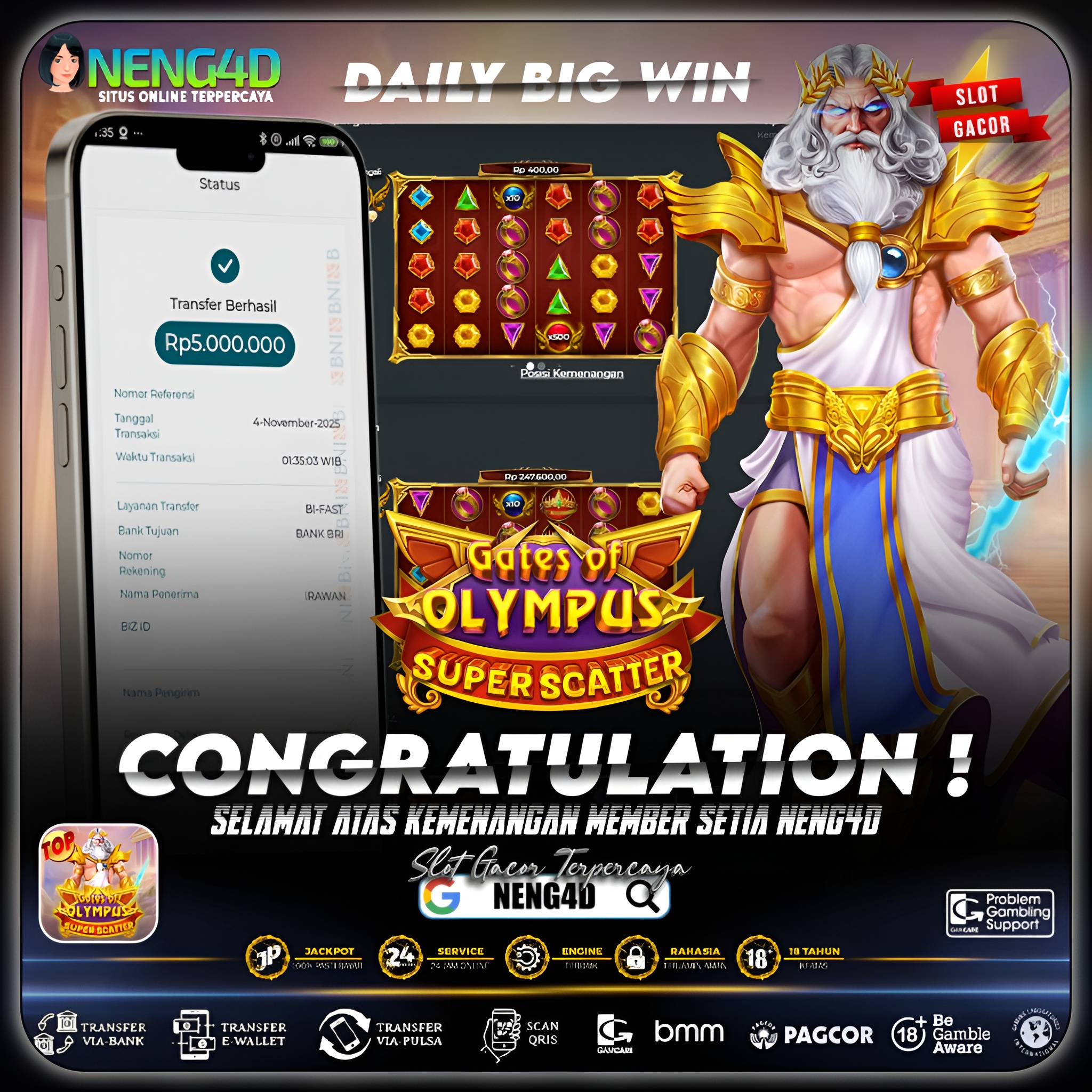 MEMBER NENG4D RAIH PERKALIAN 500 DI GATES OF OLYMPUS SUPER SCATTER PRAGMATIC PLAY
