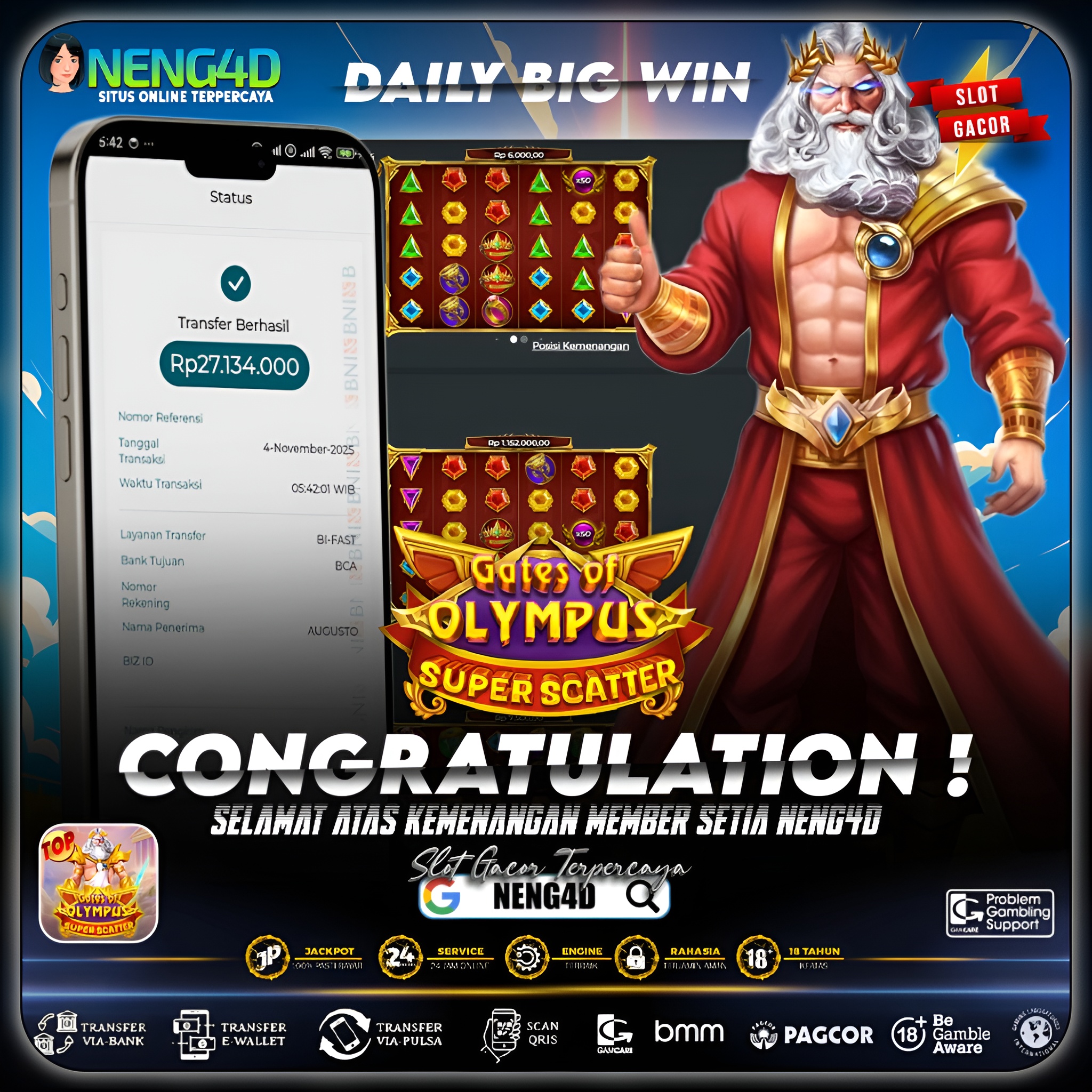 MEMBER SETIA NENG4D MENANG 27 JUTA DI GATES OF OLYMPUS SUPER SCATTER PRAGMATIC PLAY