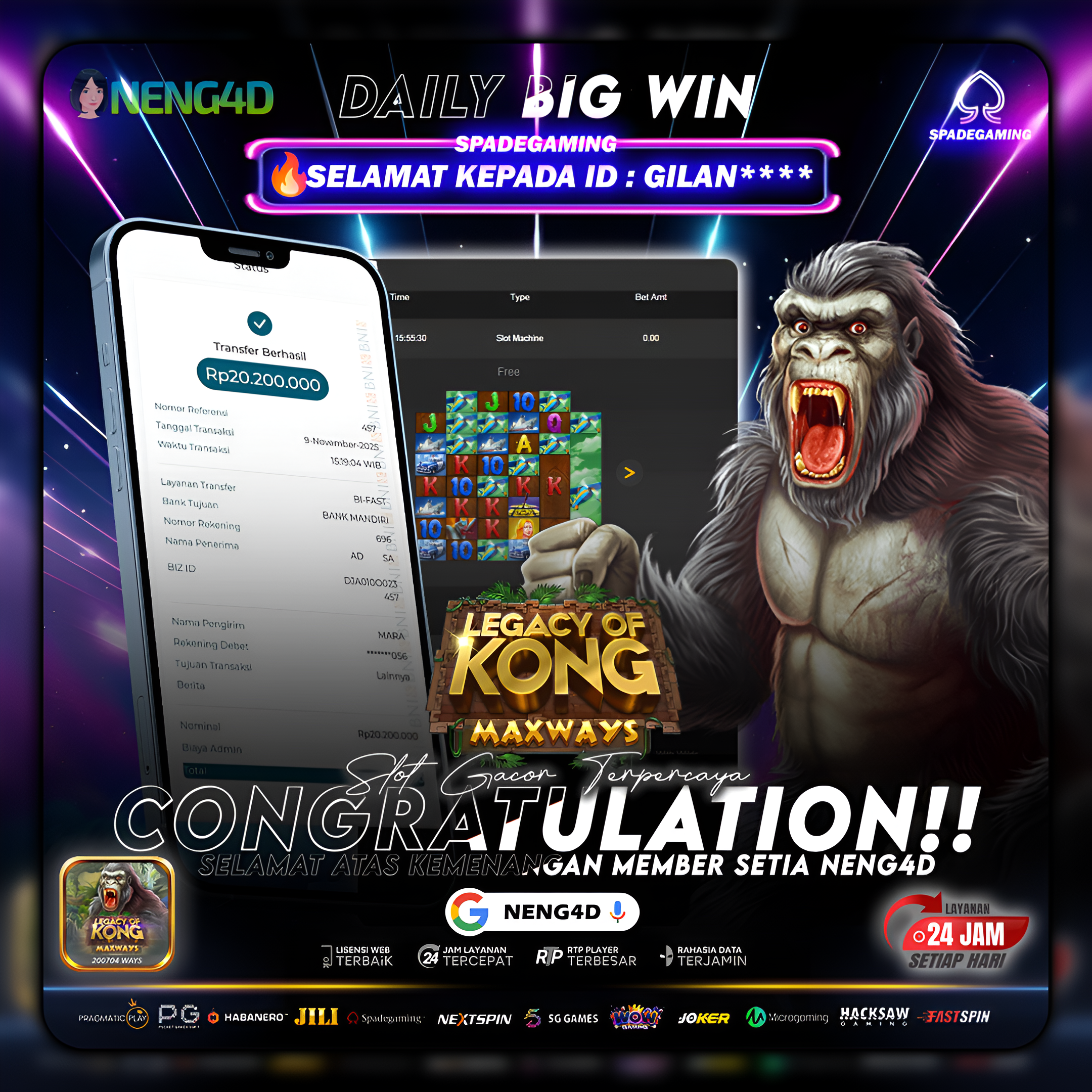 Kemenangan Rp20.200.000 di Legacy of Kong Maxways Spadegaming