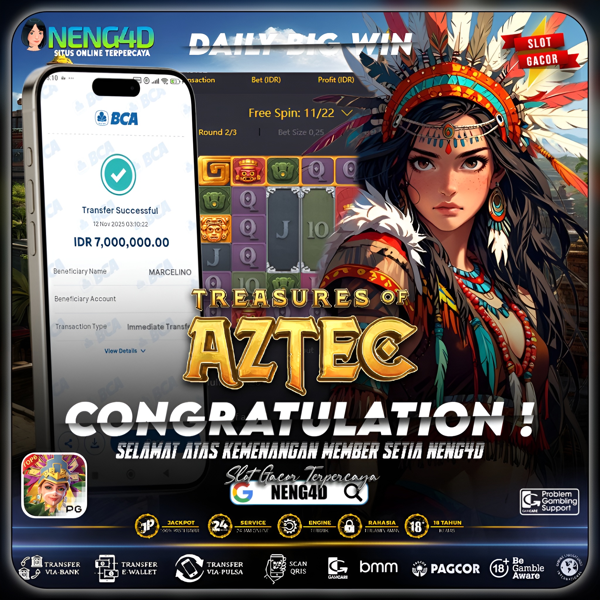 KEMENANGAN 7 JUTA DI TREASURES OF AZTEC PG SOFT