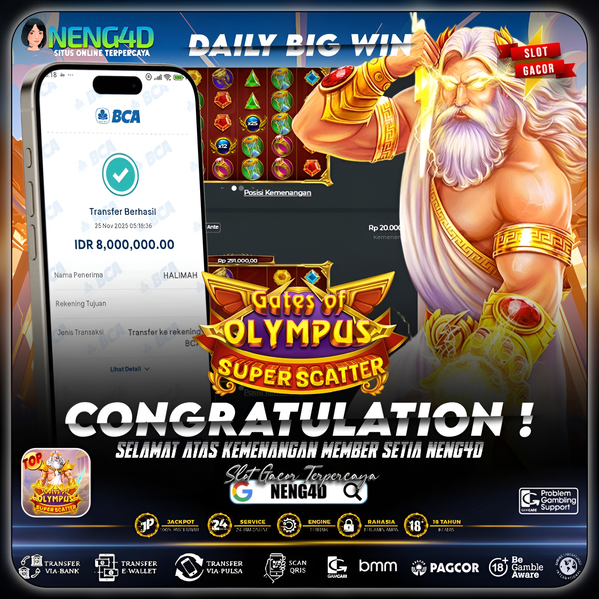 MEMBER NENG4D MENANG 8 JUTA DI GATES OF OLYMPUS SUPER SCATTER