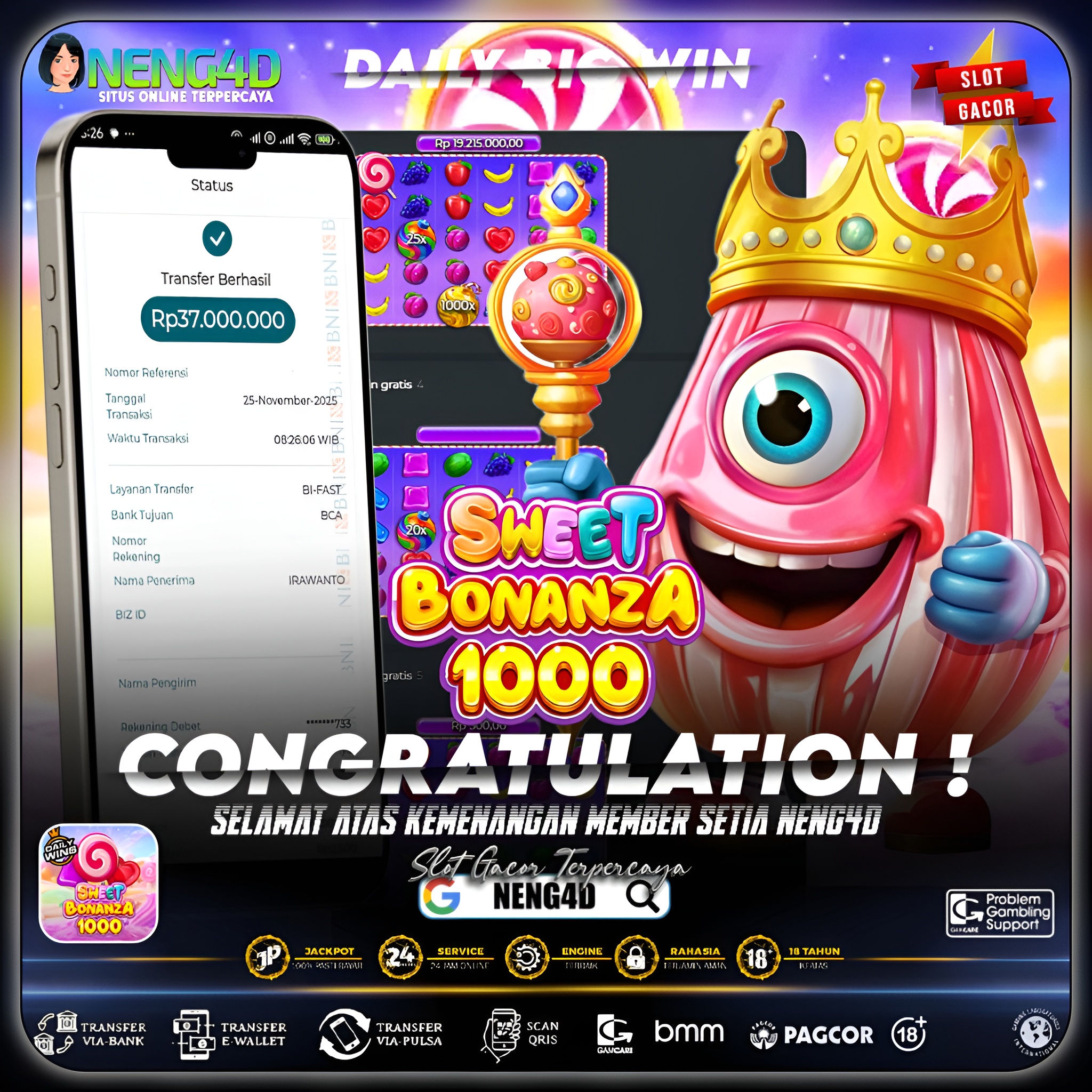 MEMBER NENG4D MENANG 37 JUTA DI SWEET BONANZA 1000