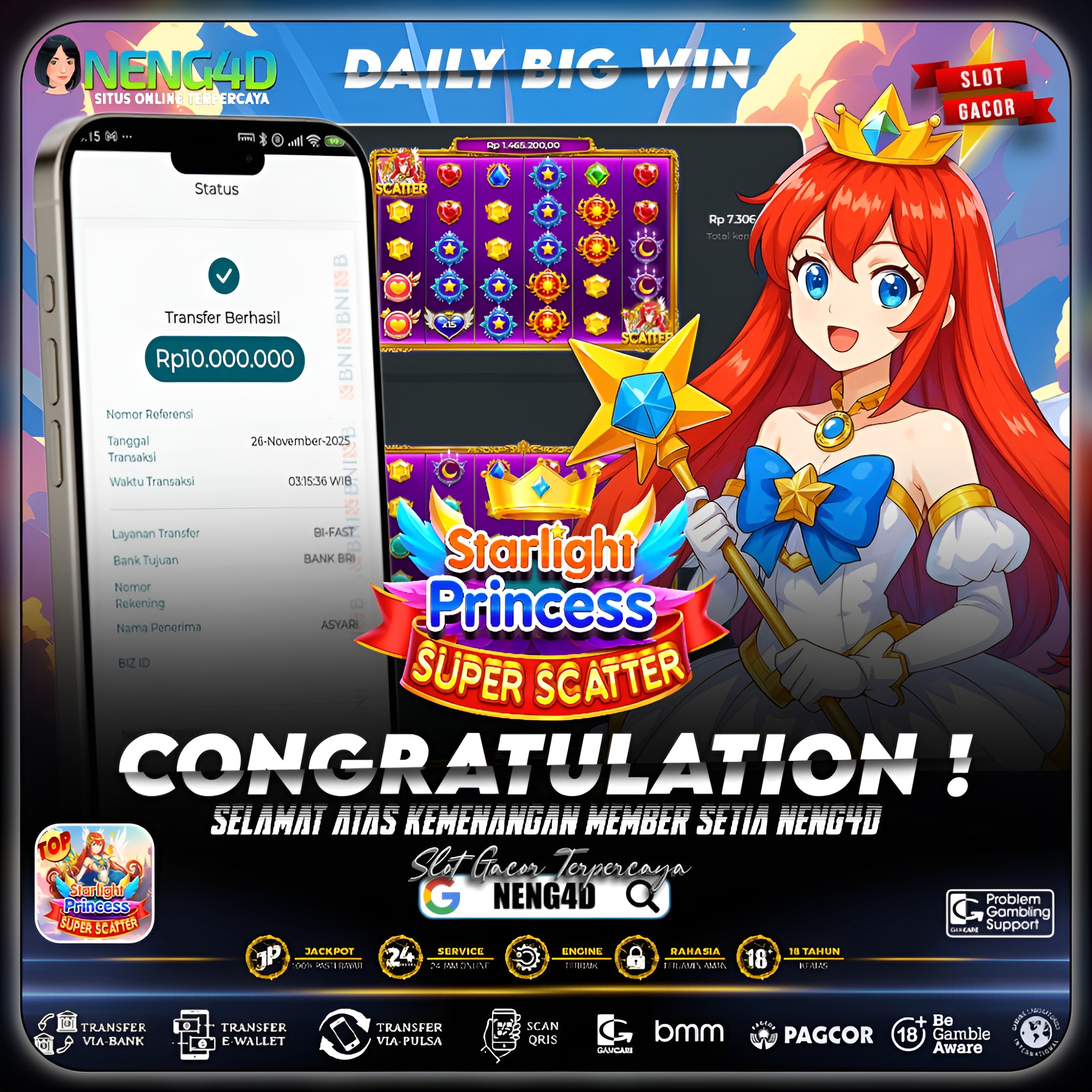 MEMBER NENG4D MENANG 10 JUTA DI STARLIGHT PRINCESS SUPER SCATTER