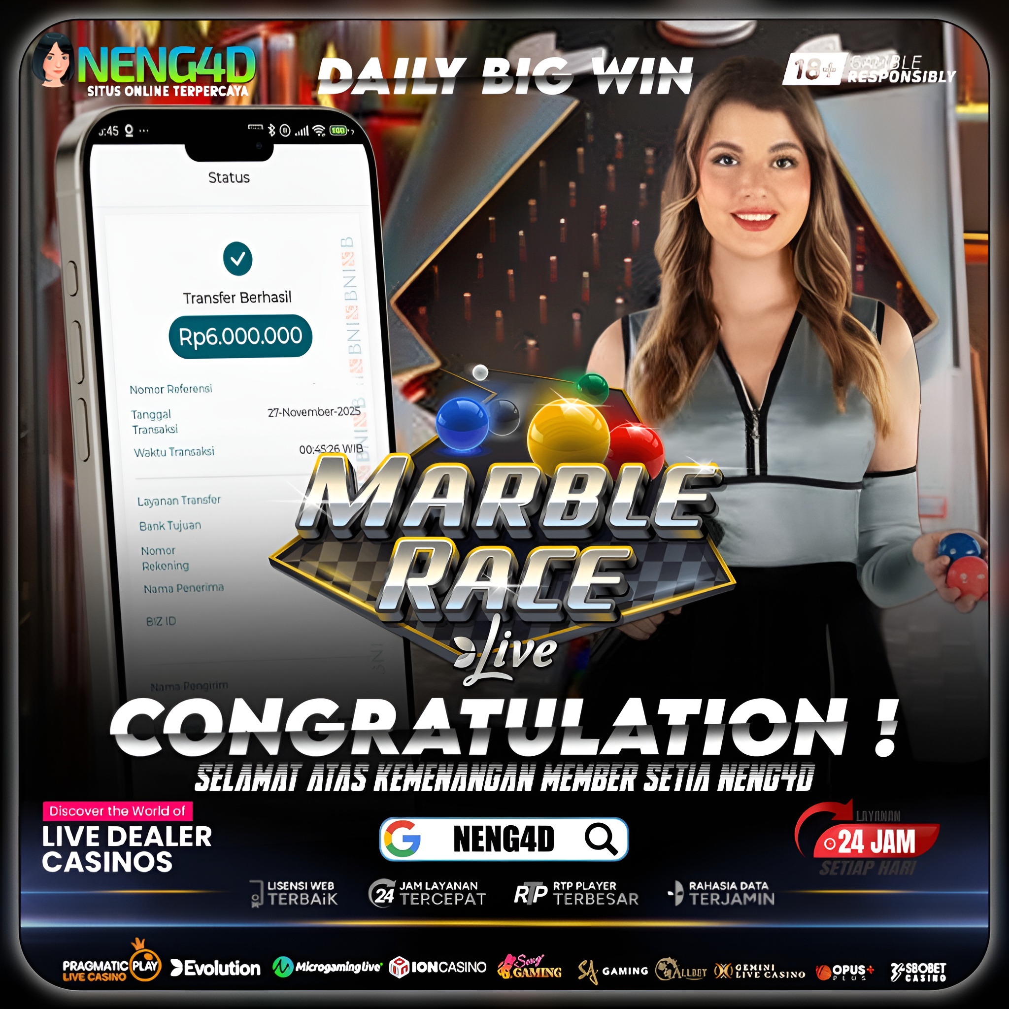 MEMBER NENG4D MENANG 6 JUTA DI MARBLE RACE PRAGMATIC PLAY