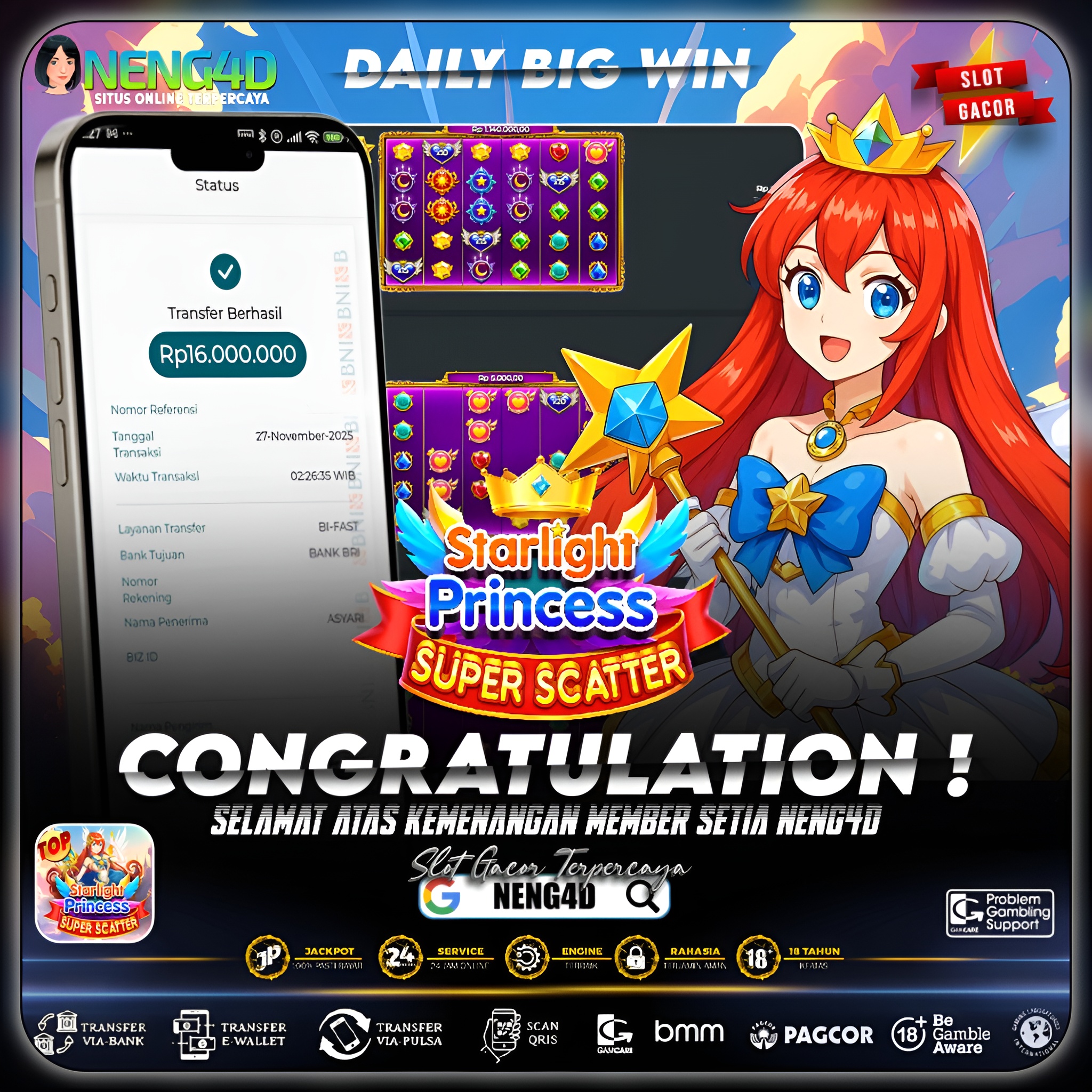 MEMBER NENG4D MENANG 16 JUTA DI STARLIGHT PRINCESS SUPER SCATTER