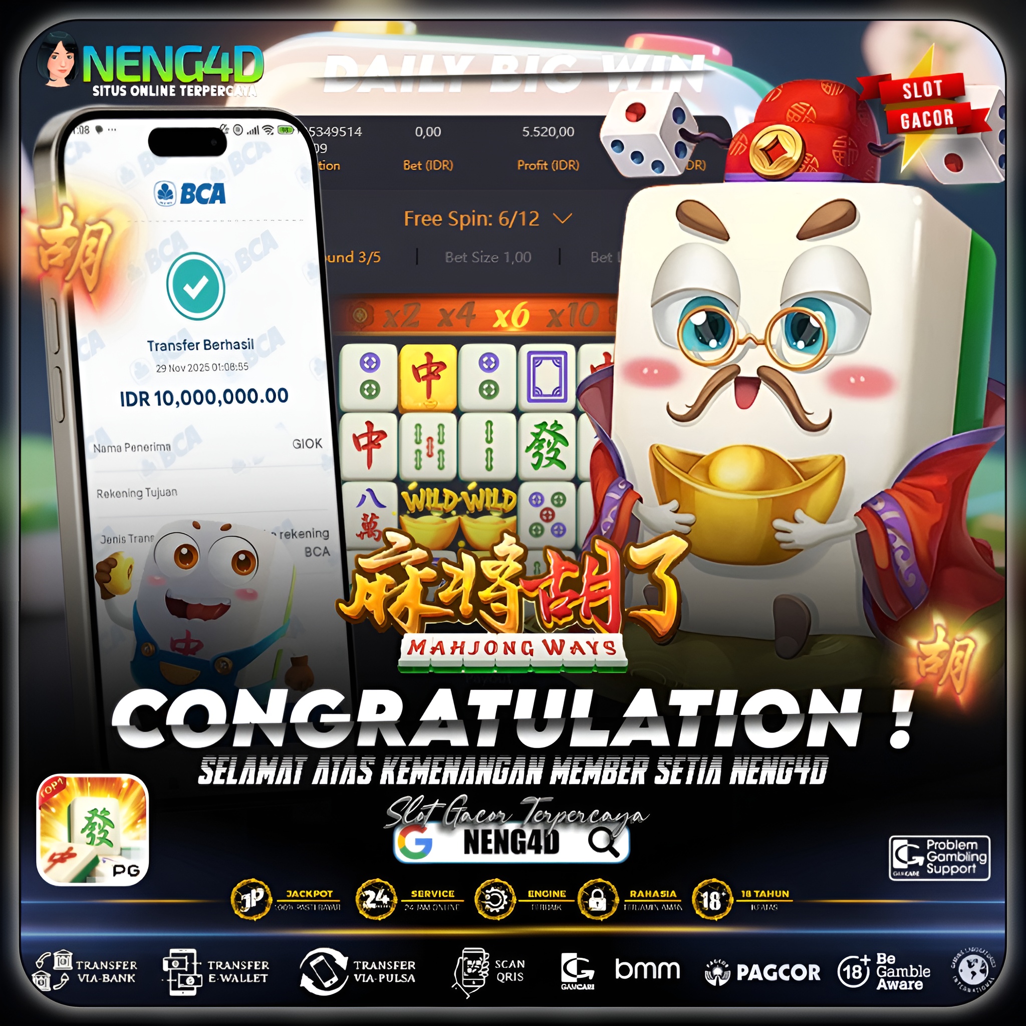 MEMBER NENG4D MENANG 10 JUTA DI MAHJONG PG SOFT