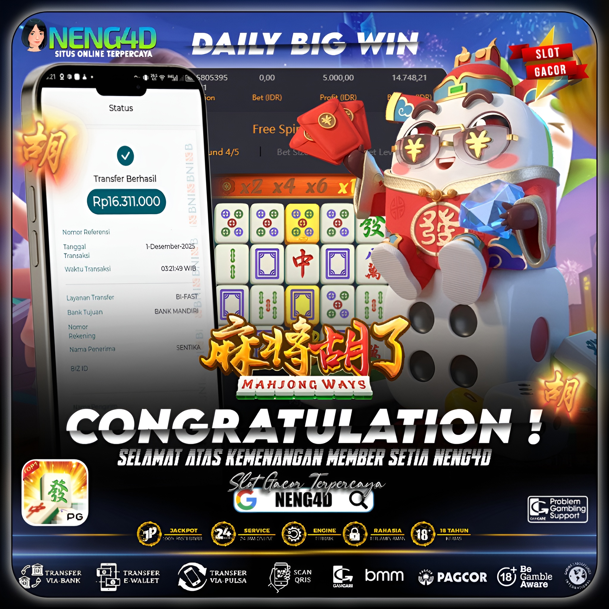 MEMBER NENG4D AMANKAN 16 JUTA DI MAHJONG WAYS PG SOFT