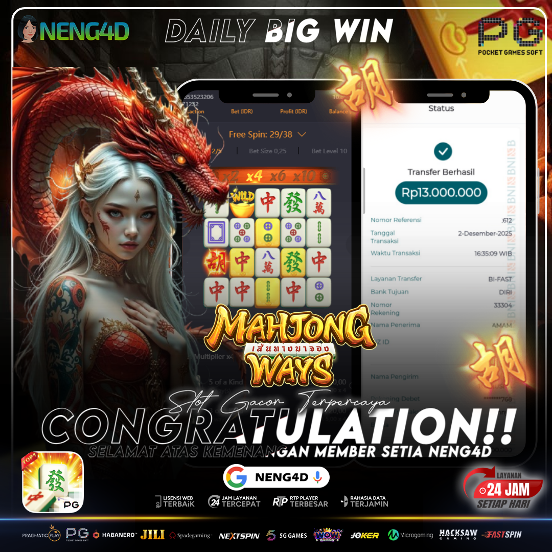 Kemenangan 13 Juta Member Setia NENG4D di Permainan Mahjong Ways PG Soft